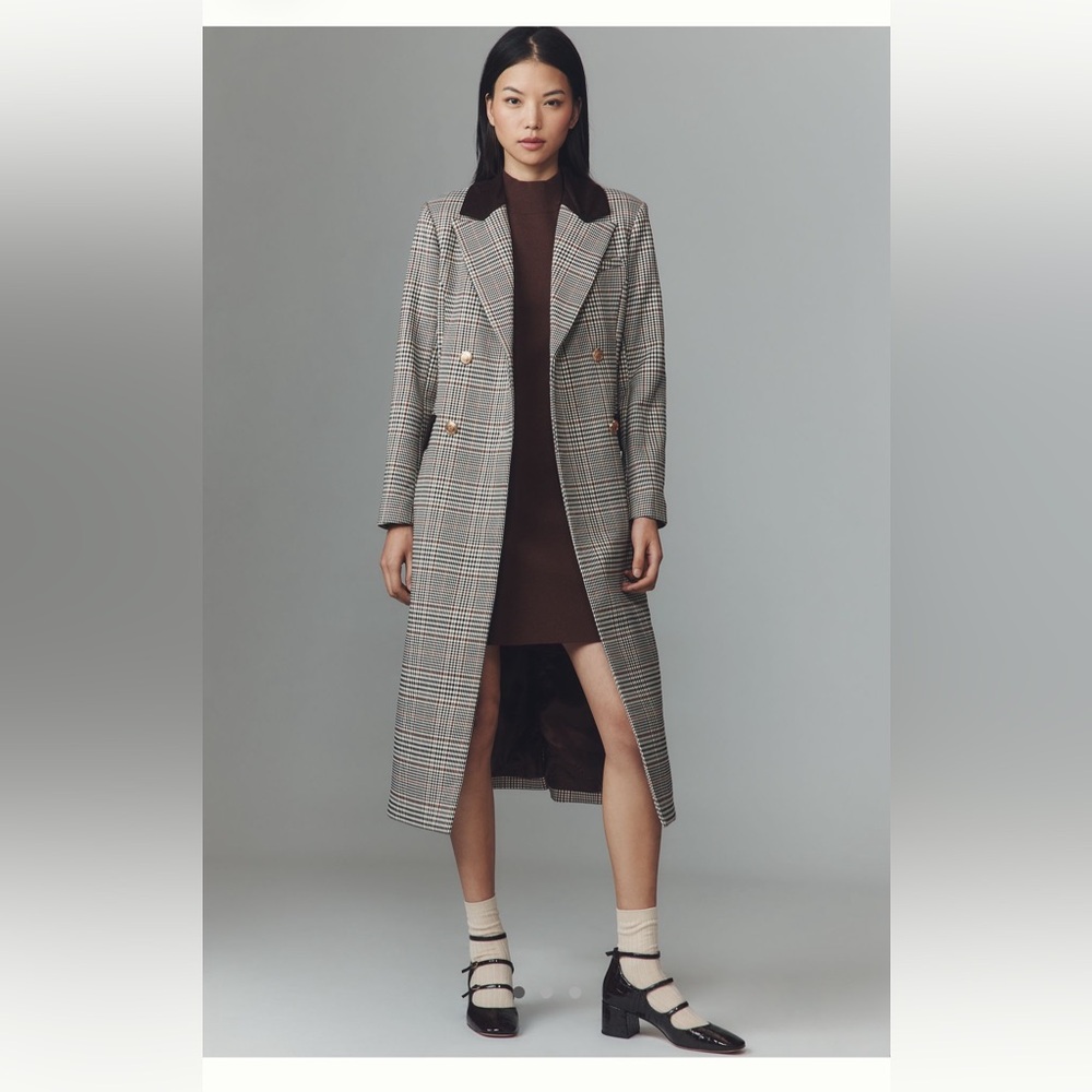 NWOT Avec Les Filles Plaid Trench Coat with Brown Collar